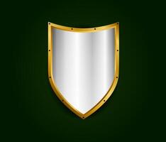 Metal realistic shield illustration. Silver with gold royal design. Security and safety symbol template vector