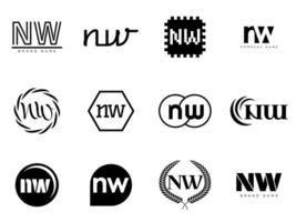 NW logo company template. Letter n and w logotype. Set different classic serif lettering and modern bold text with design elements. Initial font typography. vector