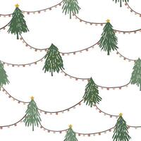 Hand drawn Christmas trees and garlands seamless pattern. Green trees with decorative elements on white background. Simple design for fabric, textile, wrapping paper, cover vector