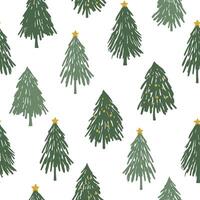 Hand drawn Christmas tree seamless pattern. Green trees with decorative elements on white background. Simple design for fabric, textile, wrapping paper, cover vector