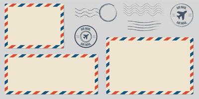 Postcard envelope template set. Greeting card stamps postal services red blue frame fast delivery air ships stylish retro design empty blank graphic template. vector