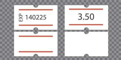 Self-adhesive paper price tag with two red stripes. Blank price label. White sticker to indicate the expiration date. illustration isolated on chequered background. vector
