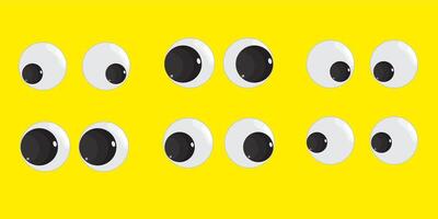 A set of plastic toy eyes. Glossy, bulging, puppet eyes. Cute, round, , isolated elements. Look down, up, left, right. Different, shaking, silly, hilarious pairs of eyeballs. vector
