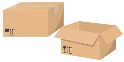 Realistic illustrations of cardboard boxes for delivery, featuring detailed craft packages in front and side views. vector