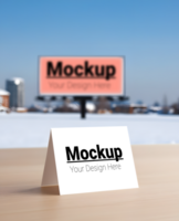 Card Mockup on Table with Billboard in the Background psd