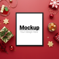 Festive Frame Mockup with Pine and Ornaments on Red Backdrop psd