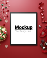 Cozy Christmas Frame Display with Ornaments on Red Background psd