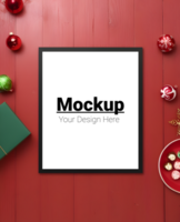 Joyful Christmas Frame Setup with Red Background and Festive Touches psd