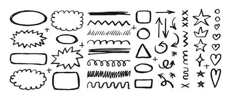 Sketch scribble underline set editable stroke, emphasis line shape. Hand drawn doodle black brush highlight, arrow, speech bubble cloud. Simple illustrations vector