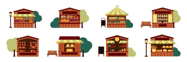 Fair Market Kiosk Icon Collection, Unique Colorful Mini Shops with Trees vector