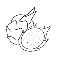 image shows a simple black line drawing of a dragon fruit. The outline captures the spiky outer skin and oval shape, emphasizing the distinctive features of the tropical fruit in a minimalistic style. png