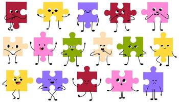 Abstract Puzzles with Faces. Various Emotions. Different colored characters. Cartoon style. Flat design. Hand drawn trendy illustration. vector