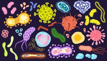 Viruses, germs and bacteria, microorganism types. Illness or disease microscopic cells and infection, microbes and antibodies. Different infectious microorganisms set. illustration isolated vector