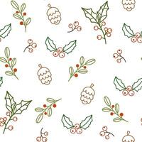 Christmas floral pattern. Seamless nature background, tree branches, leaf, plants, twigs, berries. Winter holiday repeating print for wrapping, fabric, decoration. Hand draw flat illustration vector