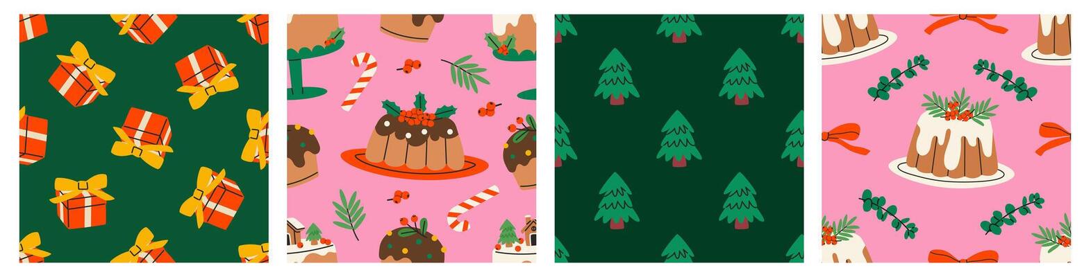 Colorful Christmas seamless pattern set. Holiday patterns with Christmas cakes and decorations. Flat illustrations.