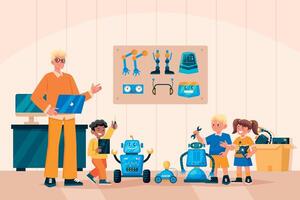 Children Learning Robotics in Classroom vector