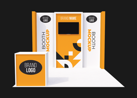 3D Booth Stand Event Exhibition Yellow Front View Mockup Template psd