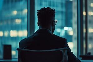 A man in a suit sitting at a desk looking out a window photo