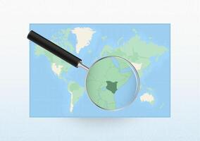 Map of the World with a magnifying glass aimed at Kenya, searching Kenya with loupe. vector