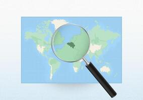 Map of the World with a magnifying glass aimed at Belgium, searching Belgium with loupe. vector