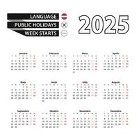 Calendar 2025 in Latvian language, week starts on Monday. vector