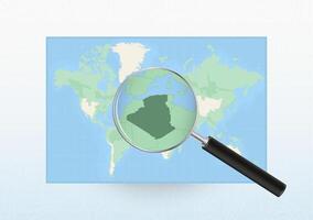 Map of the World with a magnifying glass aimed at Algeria, searching Algeria with loupe. vector