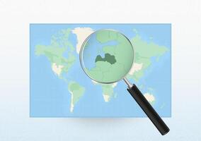 Map of the World with a magnifying glass aimed at Latvia, searching Latvia with loupe. vector