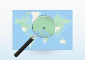 Map of the World with a magnifying glass aimed at Slovenia, searching Slovenia with loupe. vector