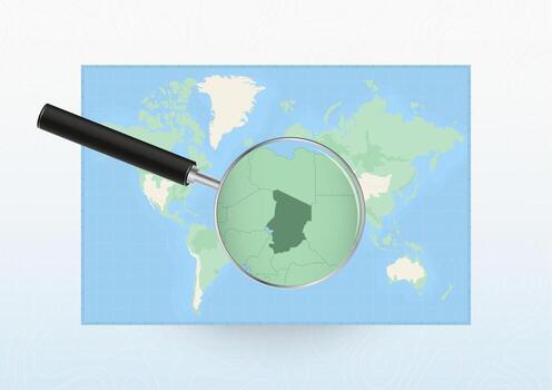 Map of the World with a magnifying glass aimed at Chad, searching Chad with loupe. vector