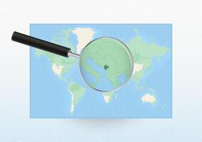 Map of the World with a magnifying glass aimed at Montenegro, searching Montenegro with loupe. vector