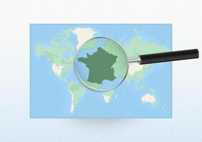 Map of the World with a magnifying glass aimed at France, searching France with loupe. vector