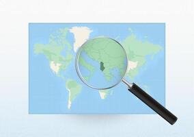 Map of the World with a magnifying glass aimed at Albania, searching Albania with loupe. vector