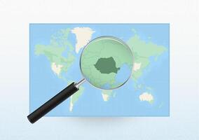 Map of the World with a magnifying glass aimed at Romania, searching Romania with loupe. vector