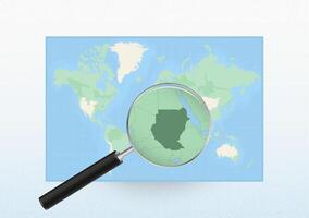 Map of the World with a magnifying glass aimed at Sudan, searching Sudan with loupe. vector