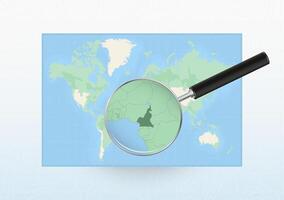 Map of the World with a magnifying glass aimed at Cameroon, searching Cameroon with loupe. vector