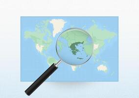 Map of the World with a magnifying glass aimed at Greece, searching Greece with loupe. vector