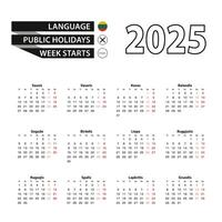 Calendar 2025 in Lithuanian language, week starts on Monday. vector