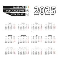 Calendar 2025 in Irish language, week starts on Monday. vector