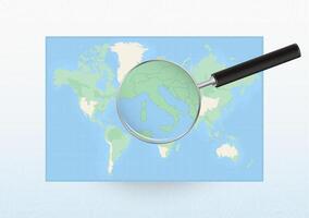 Map of the World with a magnifying glass aimed at Vatican City, searching Vatican City with loupe. vector