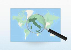 Map of the World with a magnifying glass aimed at Italy, searching Italy with loupe. vector