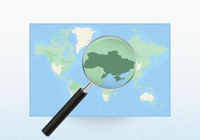 Map of the World with a magnifying glass aimed at Ukraine, searching Ukraine with loupe. vector