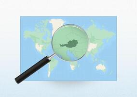 Map of the World with a magnifying glass aimed at Austria, searching Austria with loupe. vector