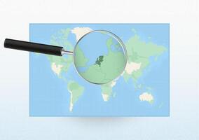 Map of the World with a magnifying glass aimed at Netherlands, searching Netherlands with loupe. vector