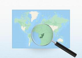 Map of the World with a magnifying glass aimed at Congo, searching Congo with loupe. vector