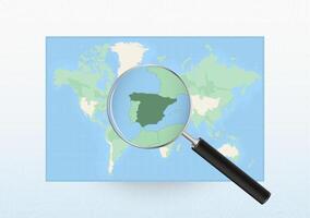 Map of the World with a magnifying glass aimed at Spain, searching Spain with loupe. vector