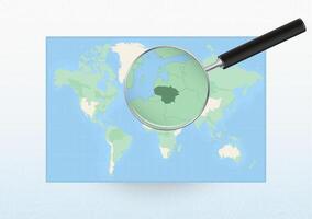 Map of the World with a magnifying glass aimed at Lithuania, searching Lithuania with loupe. vector