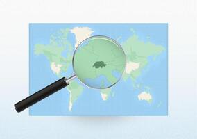 Map of the World with a magnifying glass aimed at Switzerland, searching Switzerland with loupe. vector