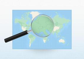 Map of the World with a magnifying glass aimed at Liechtenstein, searching Liechtenstein with loupe. vector