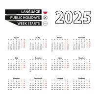 Calendar 2025 in Polish language, week starts on Monday. vector