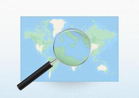 Map of the World with a magnifying glass aimed at Malta, searching Malta with loupe. vector